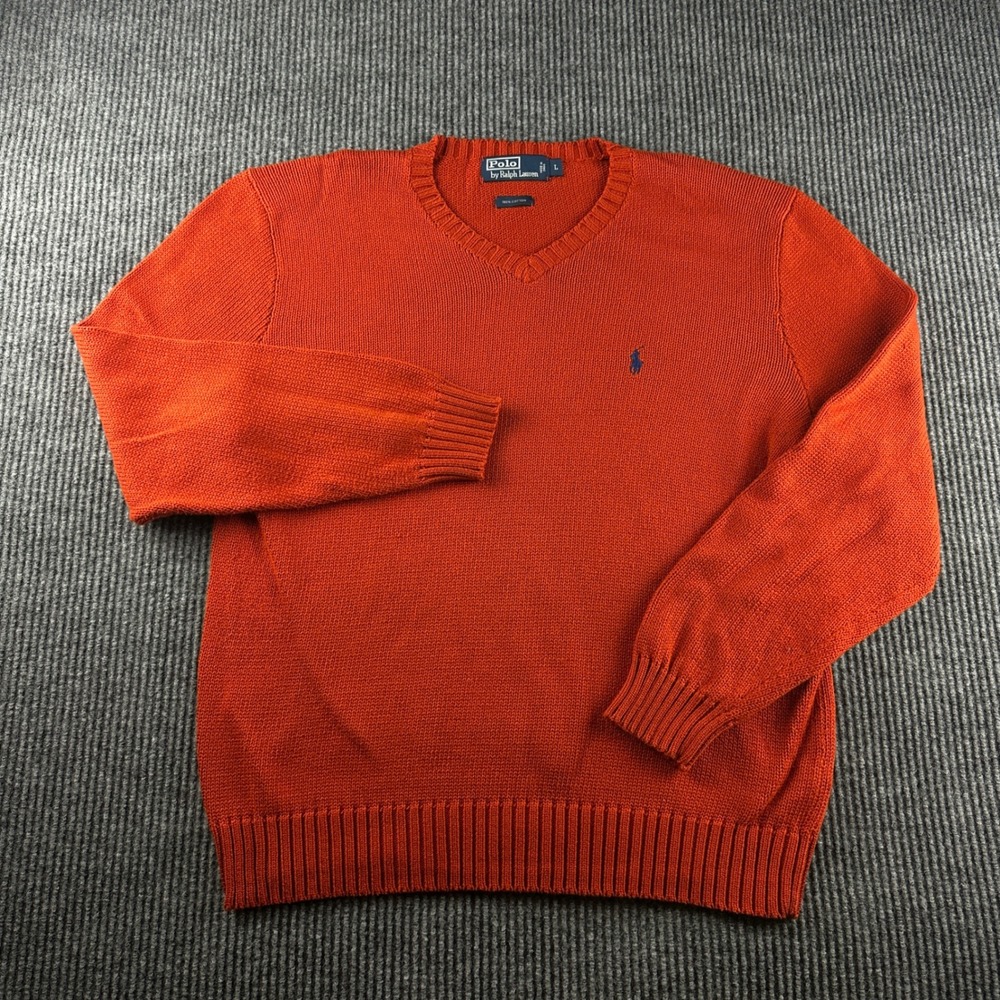 Polo Ralph Lauren Mens V-Neck Sweater Orange 100% Cotton Knit Pony Logo Size L